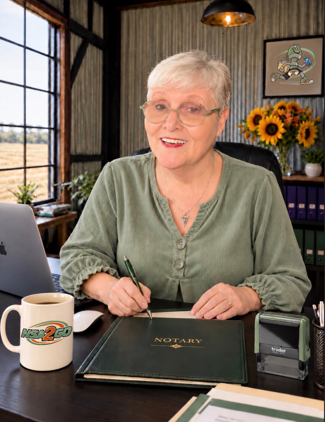 Sher, an NSA 2 GO notary, seated at her desk with a notary journal and laptop.